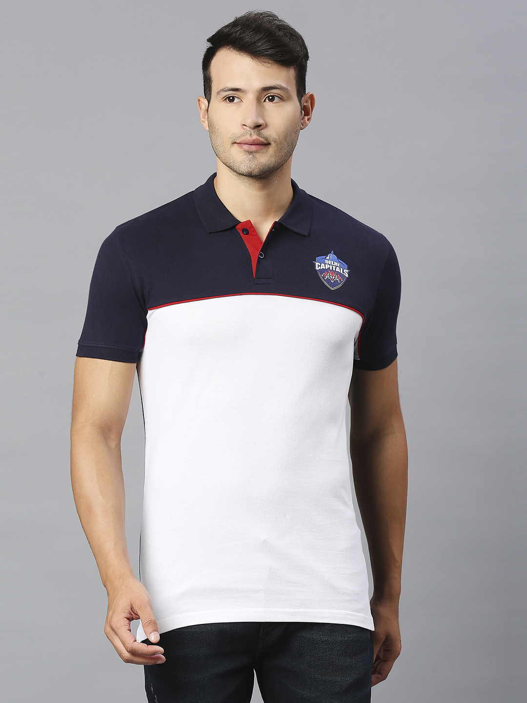 Men Navy Blue and White Colourblocked Half Sleeves Polo Collar Cotton T-Shirt