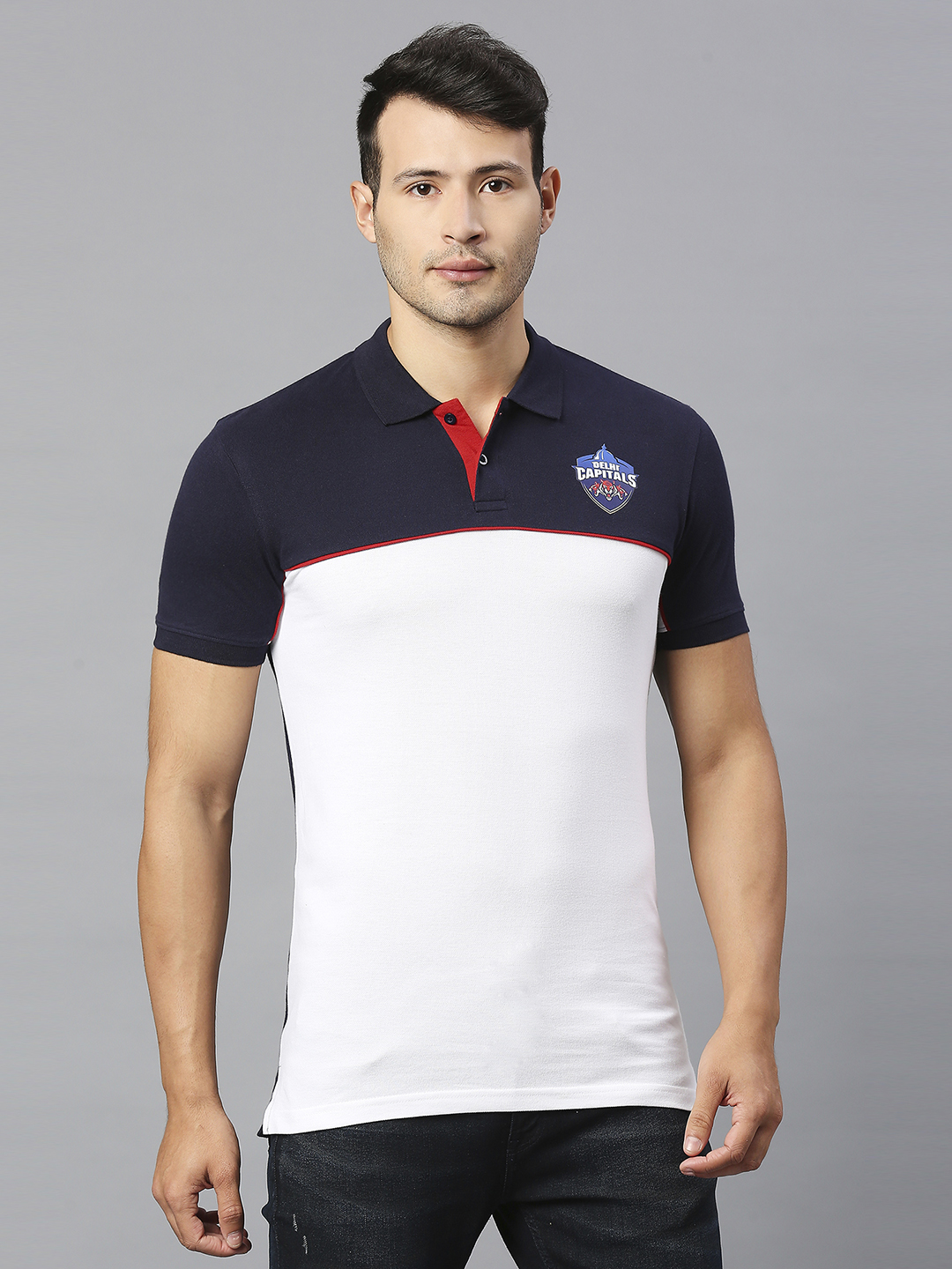 Delhi Capitals Men Navy Blue and White Colourblocked Half Sleeves Polo Collar Cotton T-Shirt (3)