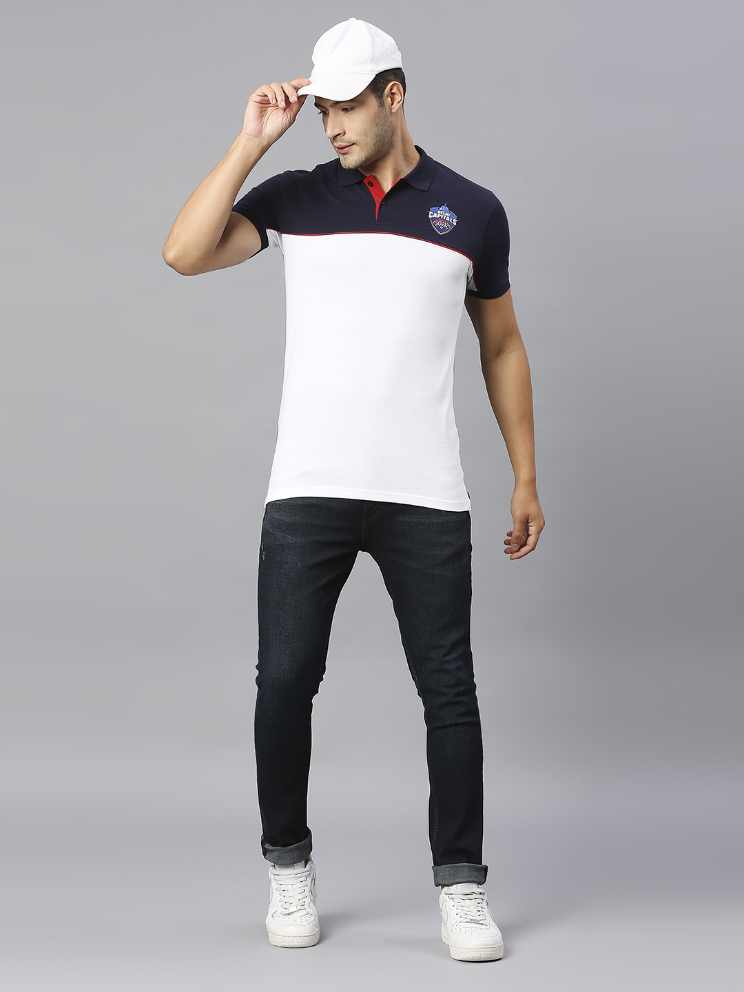 Delhi Capitals Men Navy Blue and White Colourblocked Half Sleeves Polo Collar Cotton T-Shirt (4)