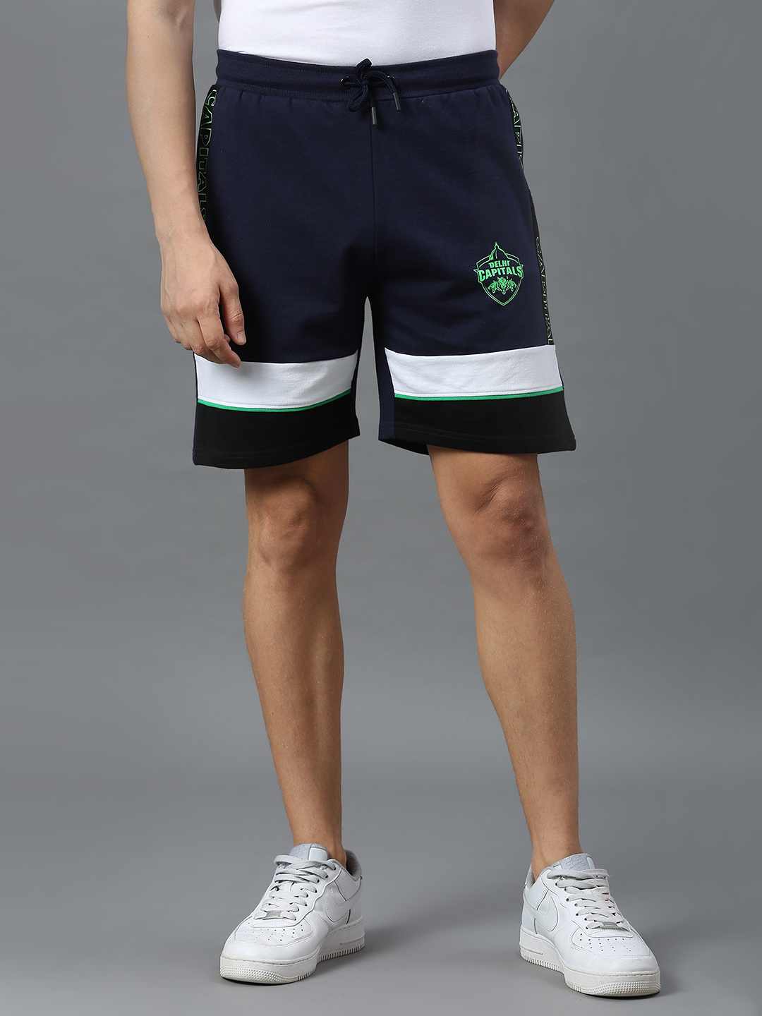 Delhi Capitals Men Navy Blue and White Colourblocked Mid-Rise Cotton Sports Shorts (1)