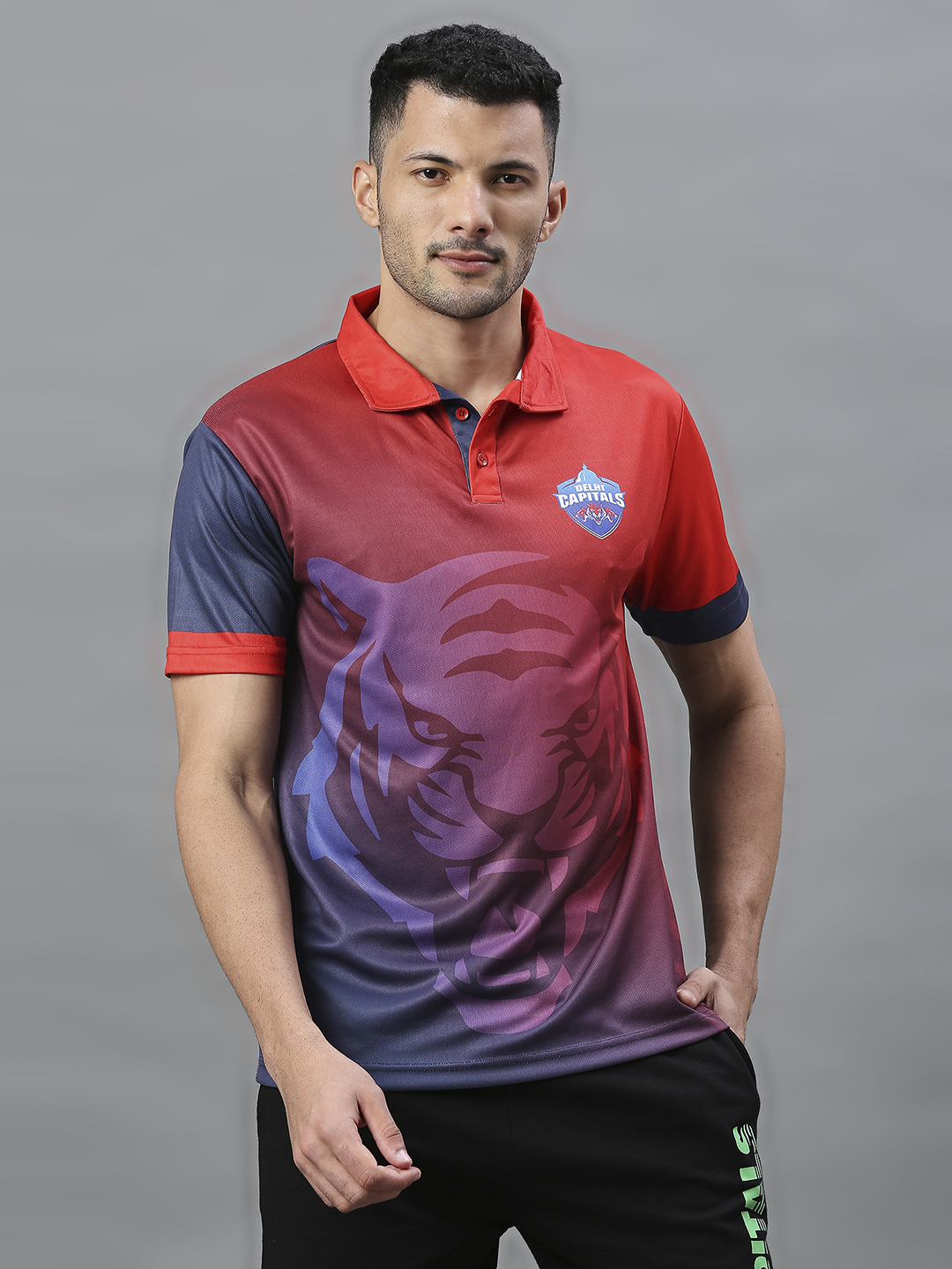 Men Red and Blue All Over Print Half Sleeves Polo Collar Polyester T-Shirt