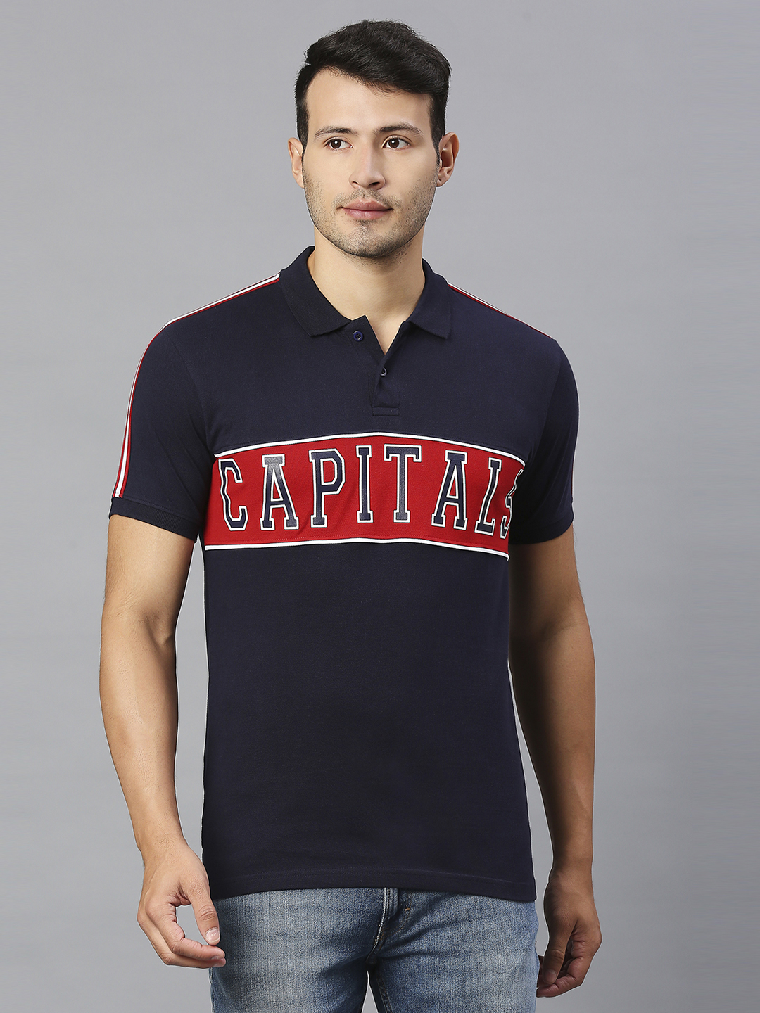 Delhi Capitals Men Red and Navy Blue Colourblocked Half Sleeves Polo Collar Cotton T-Shirt (1)