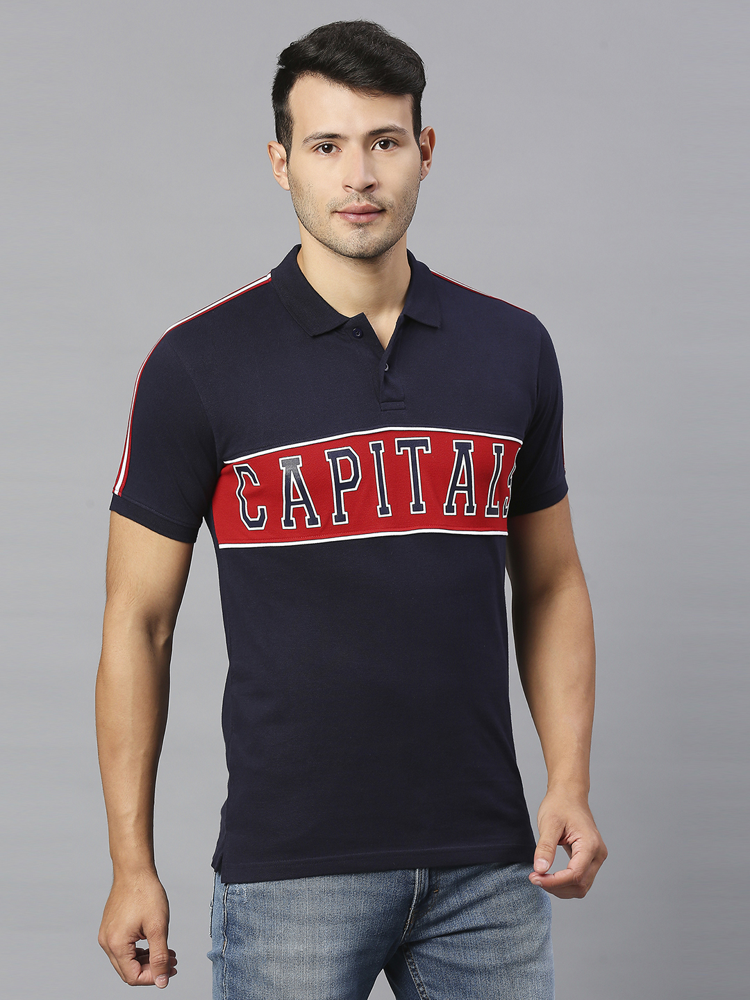 Delhi Capitals Men Red and Navy Blue Colourblocked Half Sleeves Polo Collar Cotton T-Shirt (3)