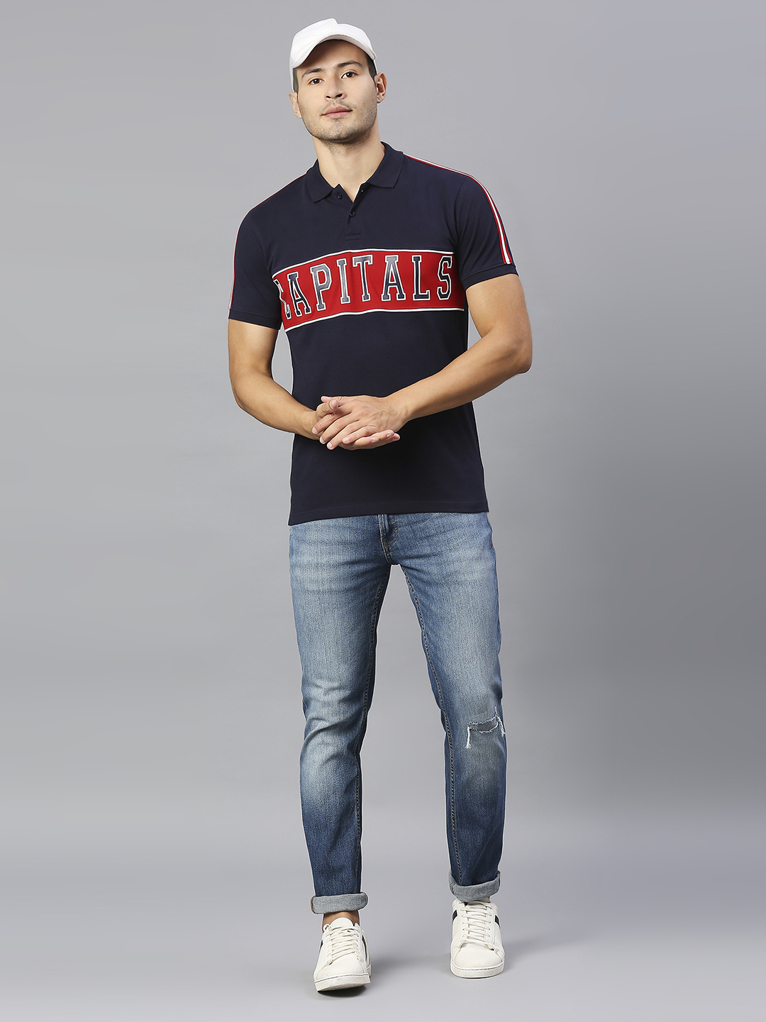 Delhi Capitals Men Red and Navy Blue Colourblocked Half Sleeves Polo Collar Cotton T-Shirt (4)