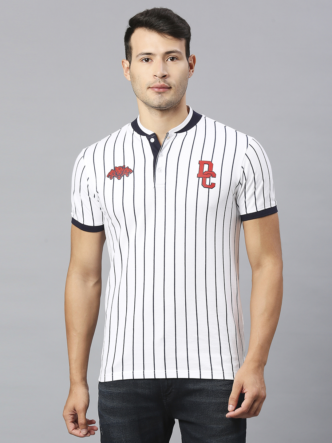 Men White and Black Striped Half Sleeves Henley Collar Cotton T-Shirt