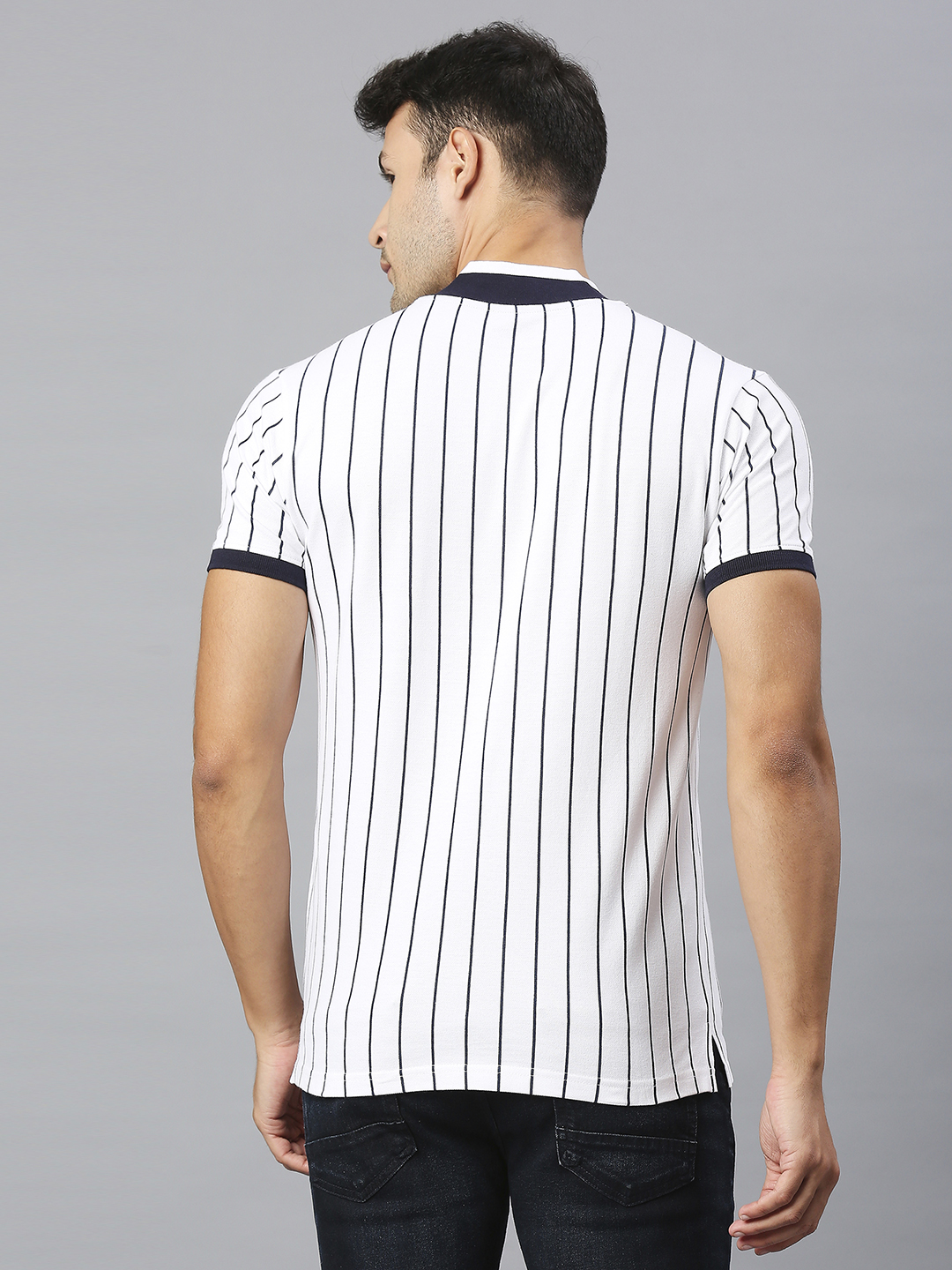 Delhi Capitals Men White and Black Striped Half Sleeves Henley Collar Cotton T-Shirt (2)