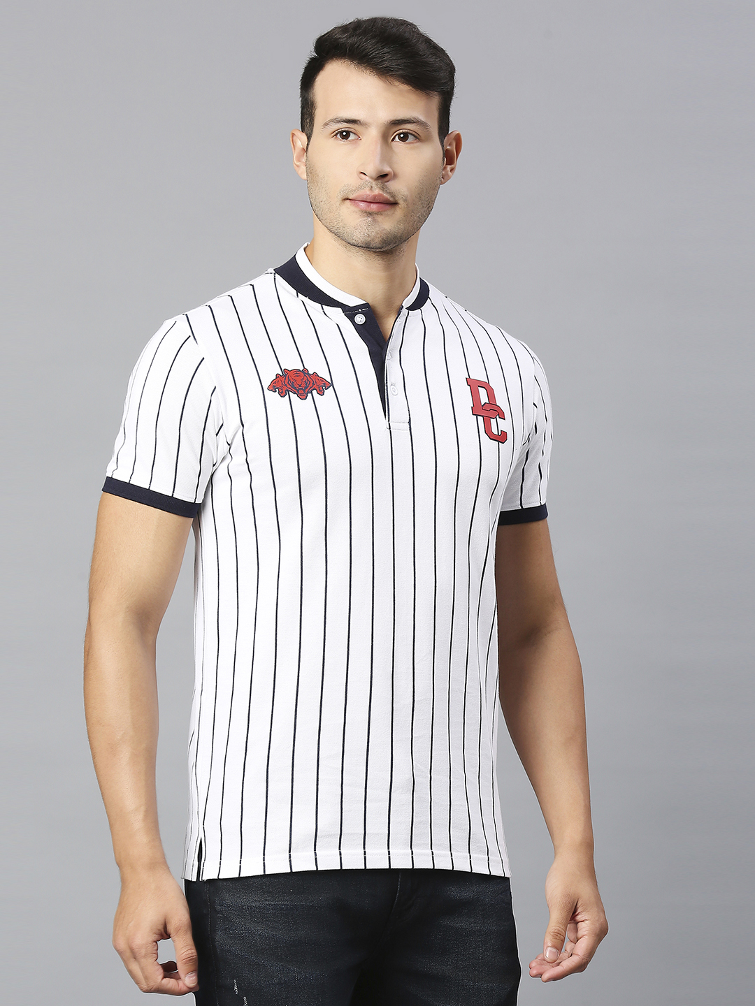 Delhi Capitals Men White and Black Striped Half Sleeves Henley Collar Cotton T-Shirt (3)