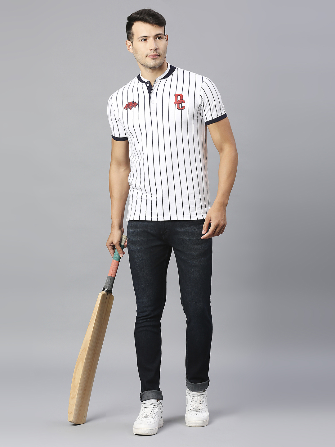 Delhi Capitals Men White and Black Striped Half Sleeves Henley Collar Cotton T-Shirt (4)