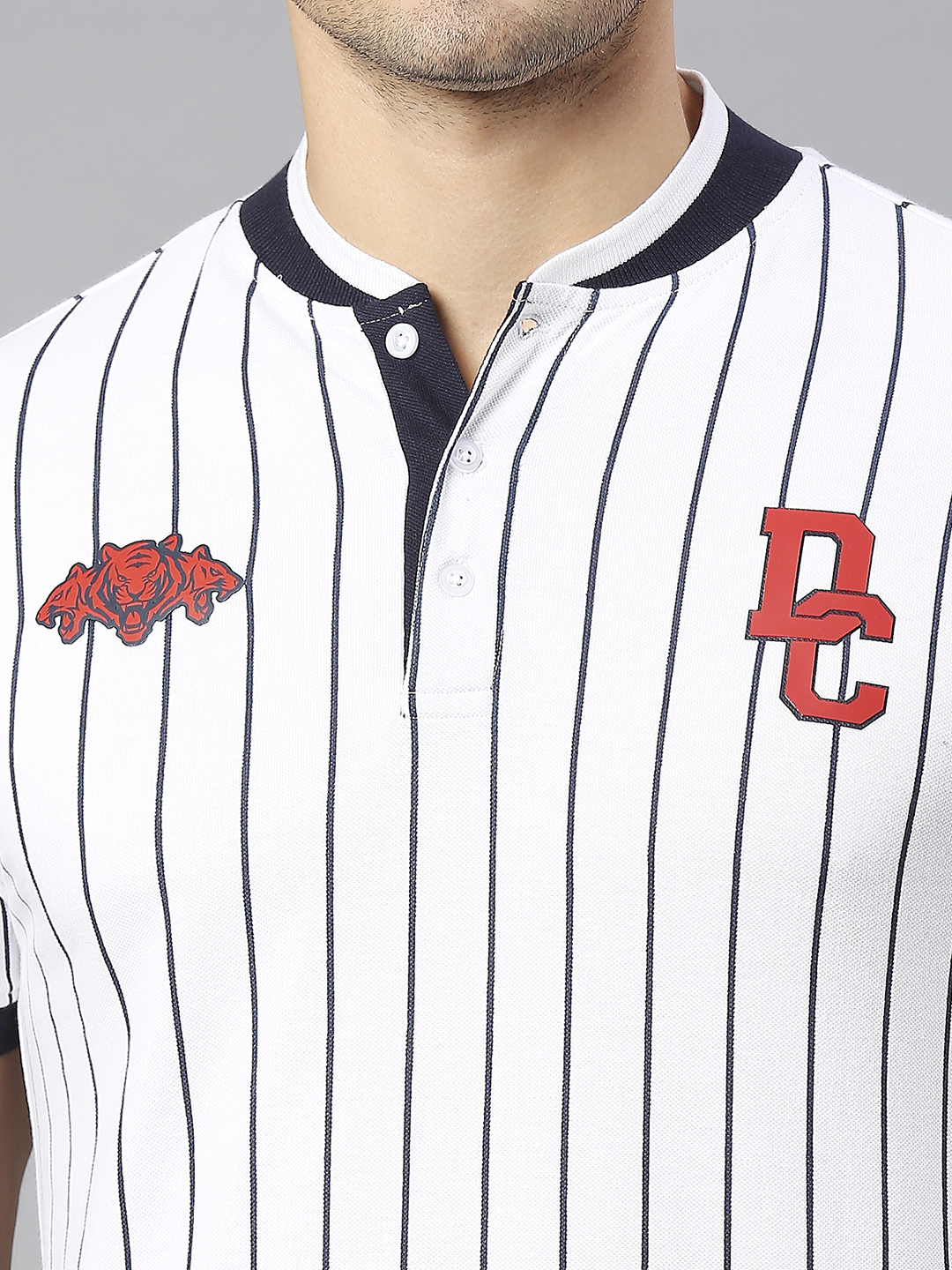 Delhi Capitals Men White and Black Striped Half Sleeves Henley Collar Cotton T-Shirt (5)