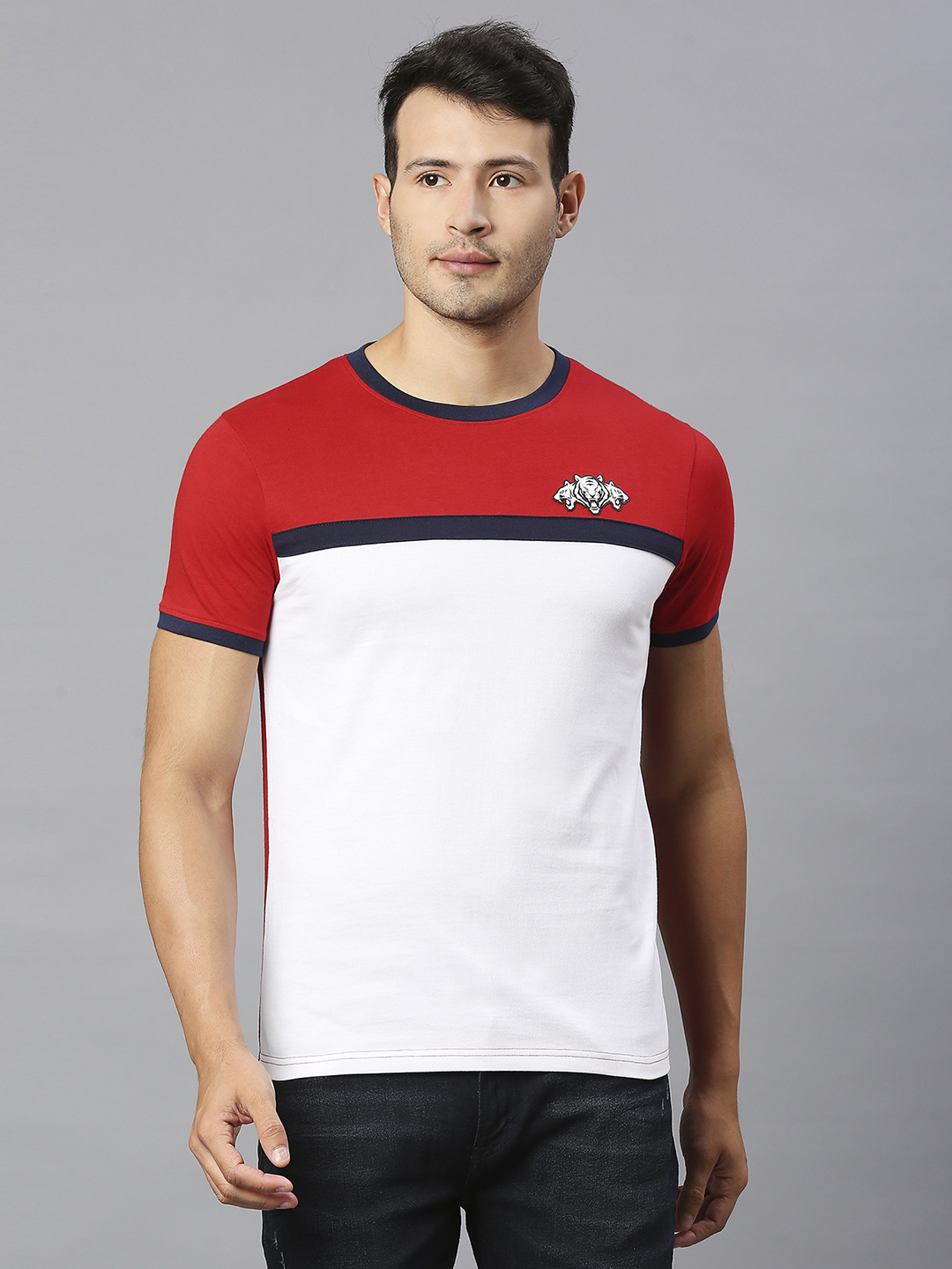 Men White and Red Colourblocked Half Sleeves Round Neck Cotton T-Shirt