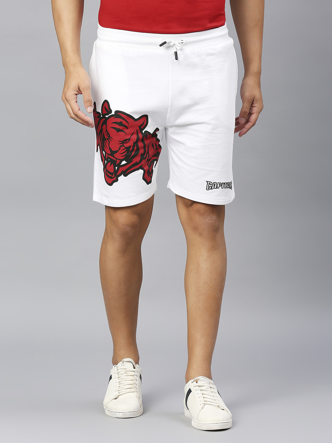 Men White and Red Graphic Printed Mid-Rise Cotton Sports Shorts