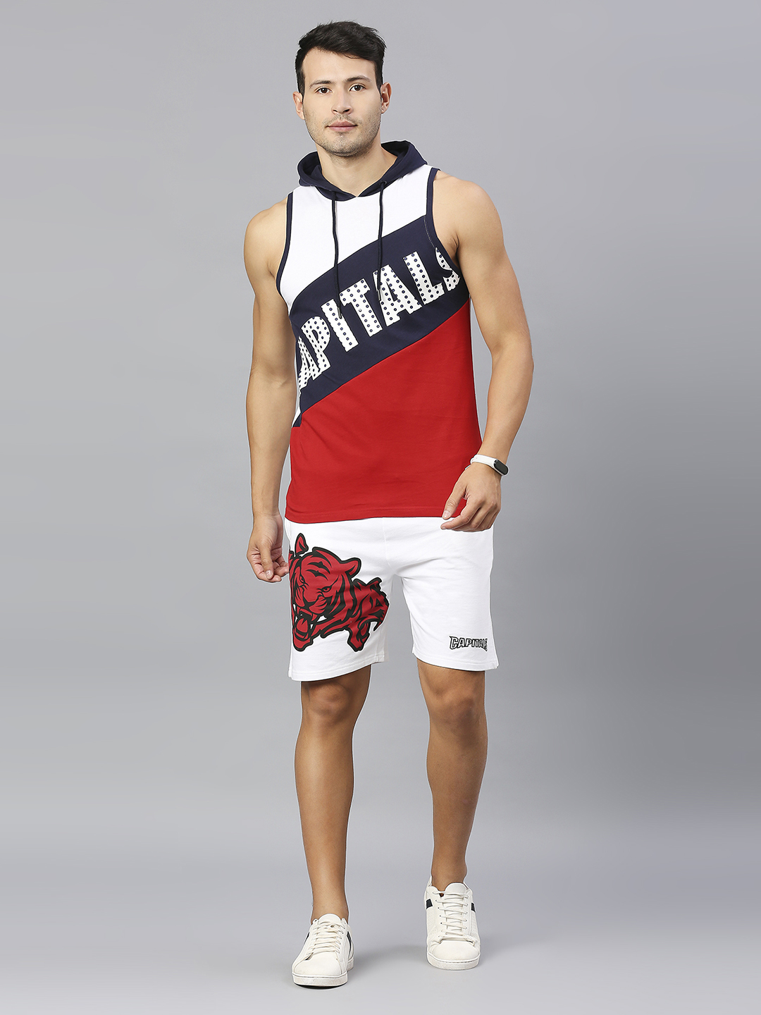 Delhi Capitals Men White and Red Graphic Printed Mid-Rise Cotton Sports Shorts (4)