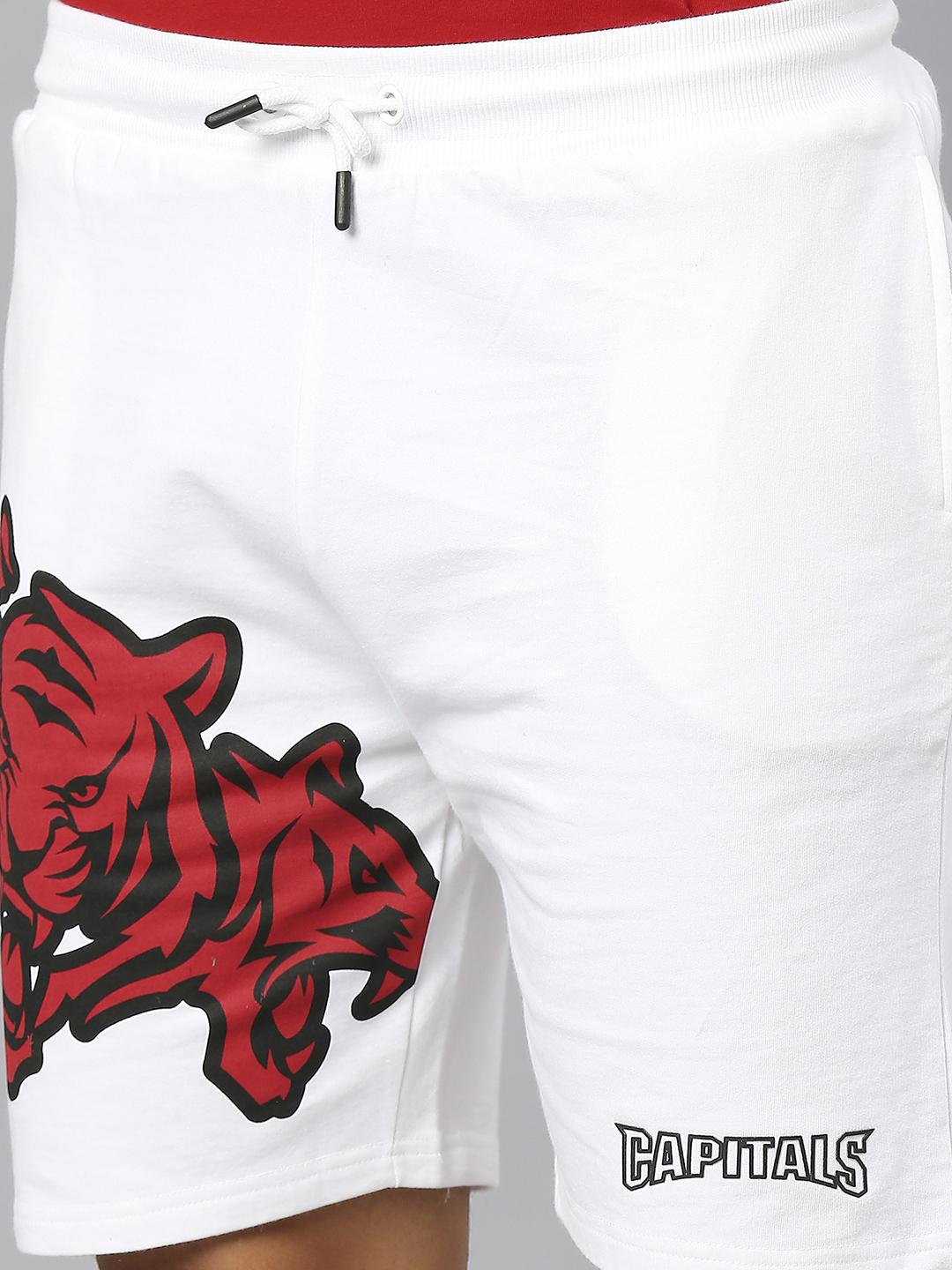 Delhi Capitals Men White and Red Graphic Printed Mid-Rise Cotton Sports Shorts (5)