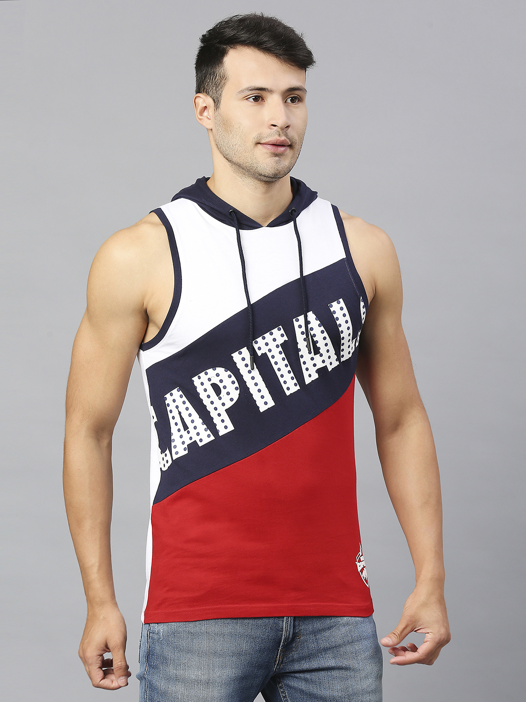 Delhi Capitals Men White and Red Printed Sleeveless Hooded Pullover Cotton Vest