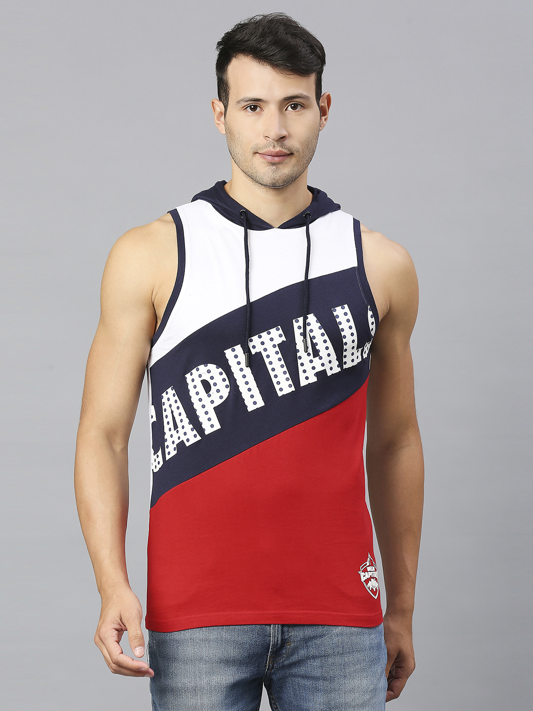Delhi Capitals Men White and Red Printed Sleeveless Hooded Pullover Cotton Vest (2)