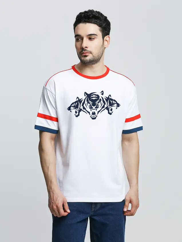Men White Logo Printed Half Sleeves Round Neck Oversized Cotton T-Shirt