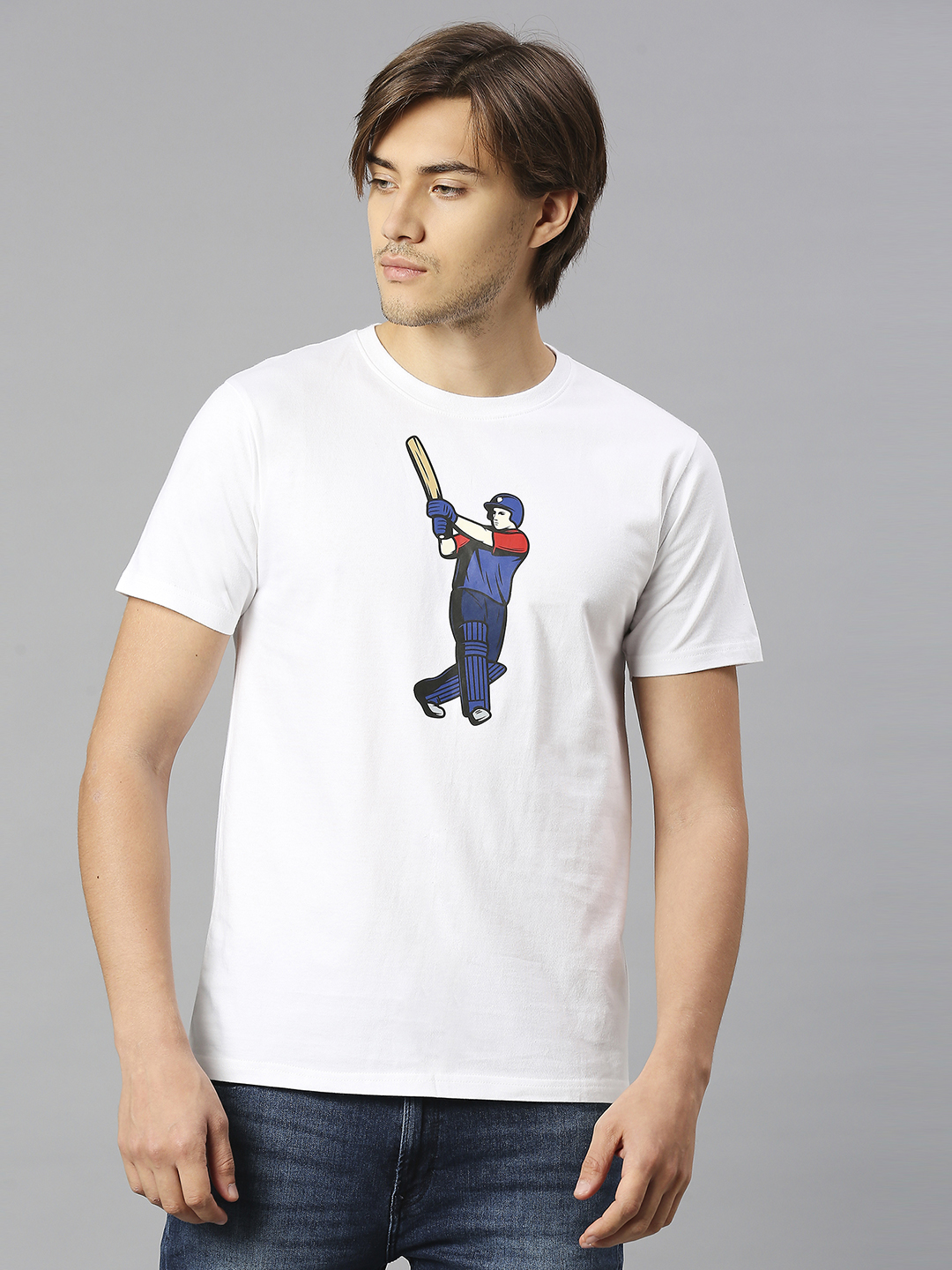 Men White Printed Half Sleeves Round Neck Cotton T-Shirts