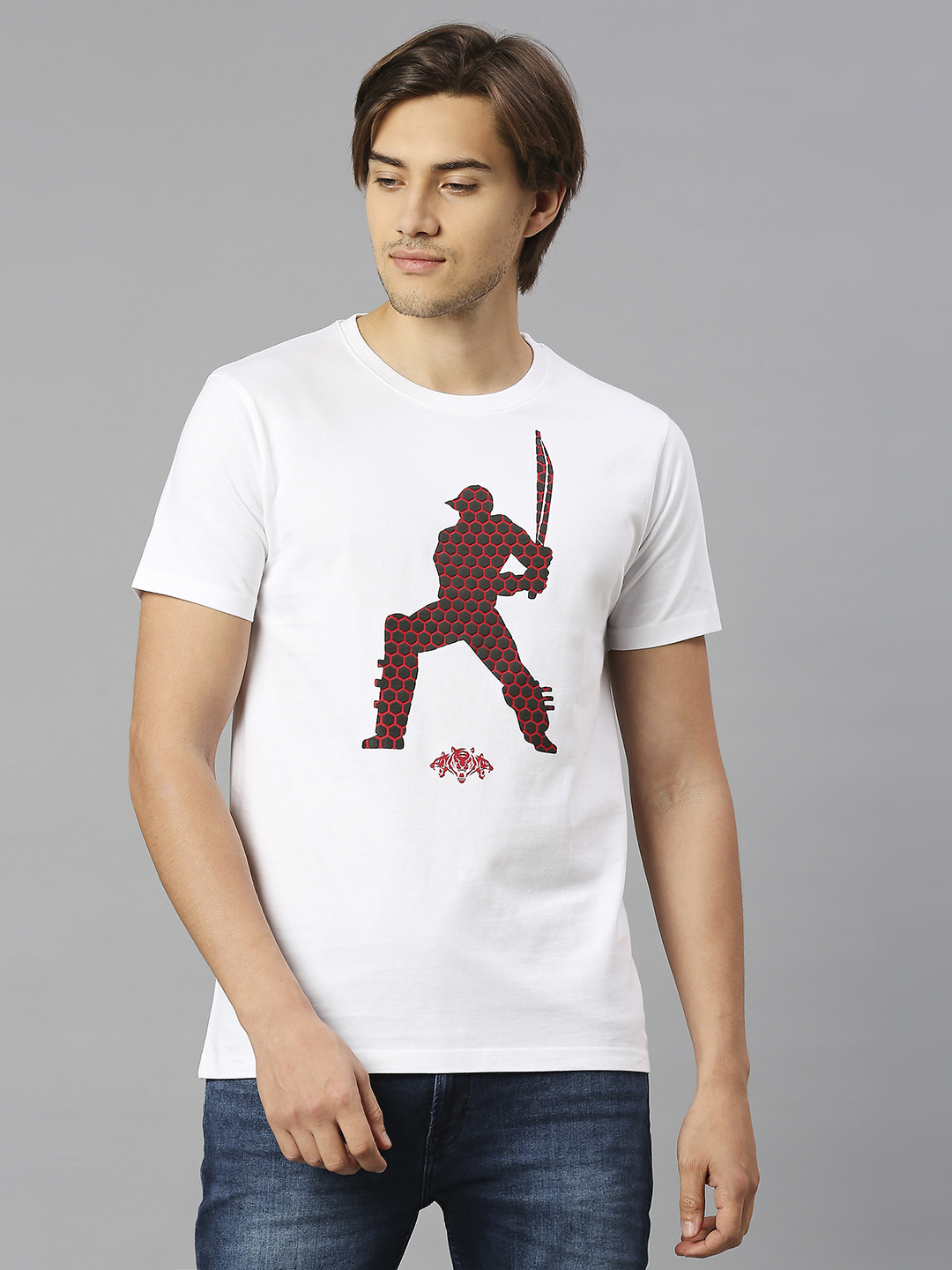 Men White Printed Half Sleeves Round Neck Cotton T-Shirts