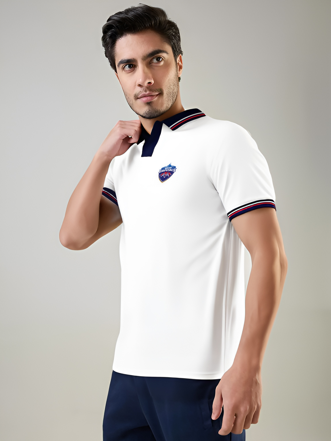 Delhi Capitals Men White Solid Half Sleeves Polo Collar Cotton T-Shirt