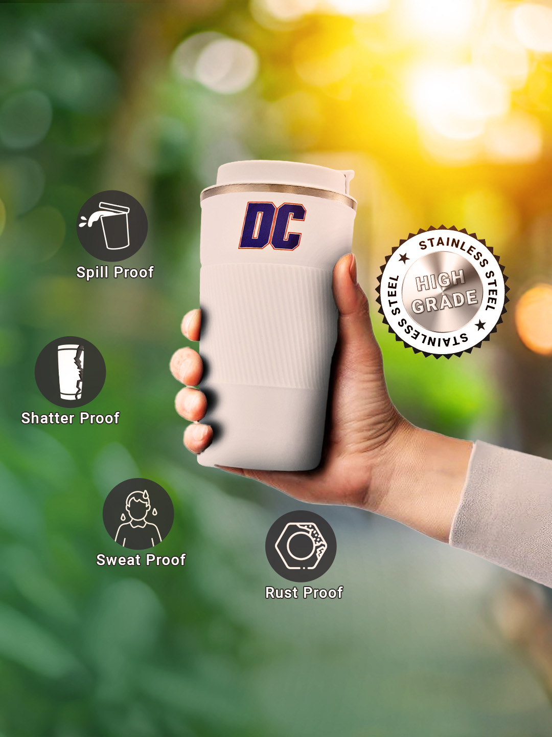 Delhi Capitals Vacuum Insulated Double-Walled with Spill Proof Flip Top Stainless Steel Coffee Tumbler - 400 ML (White) (8)
