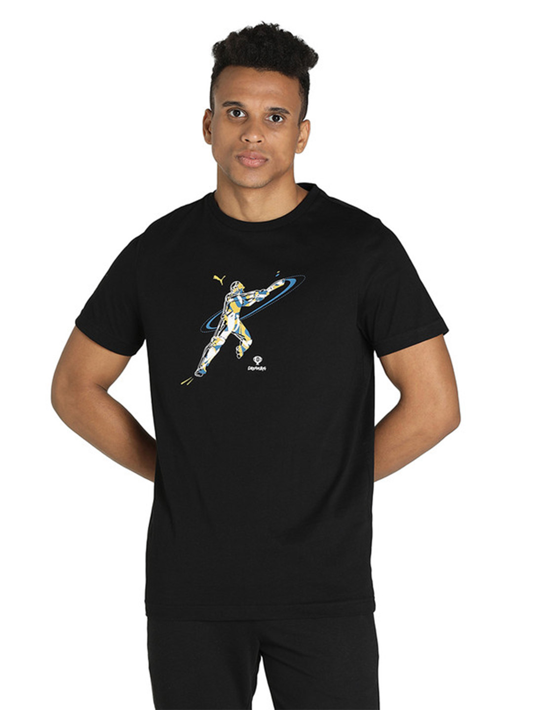 Men Black Cricket Graphic Printed Half Sleeves Round Neck T-Shirt