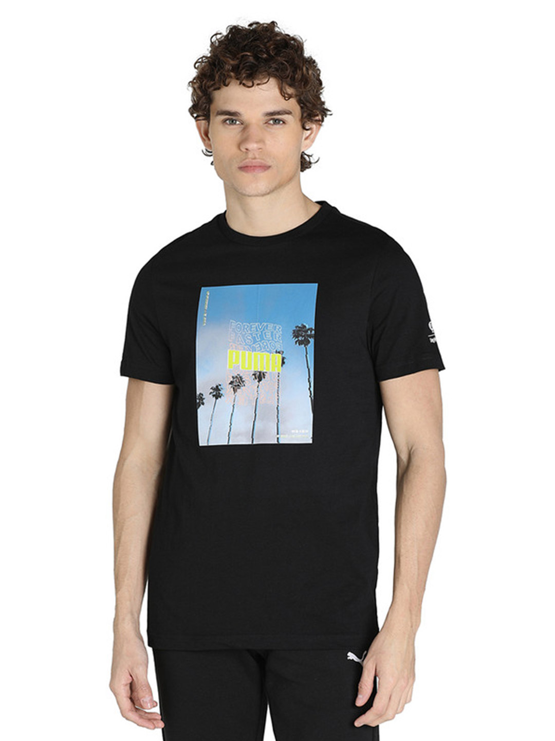 Dream 11 X Puma Men Black Puma Palm Tree Graphic Printed Half Sleeves Round Neck T-Shirt