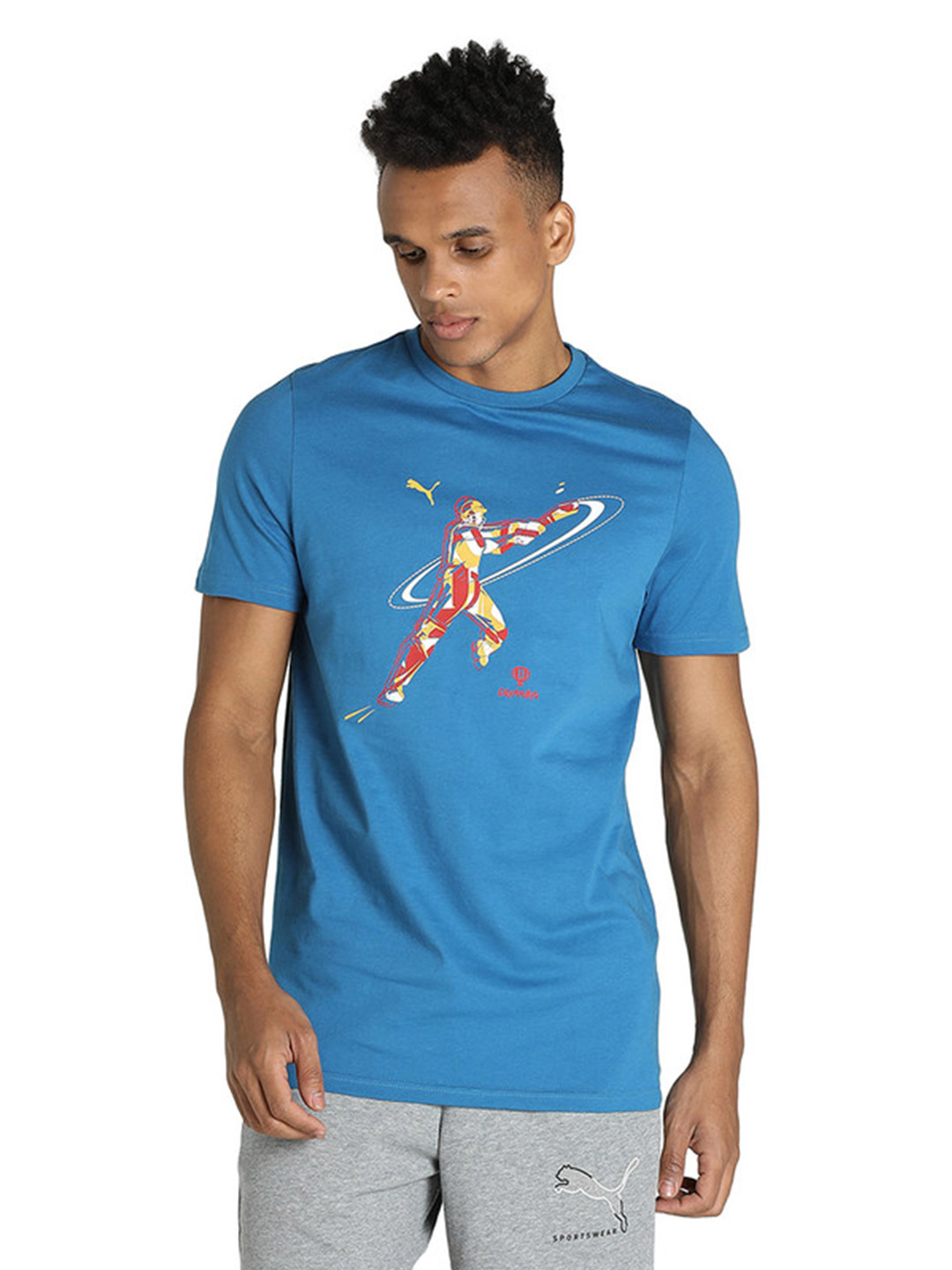Men Blue Cricket Graphic Printed Half Sleeves Round Neck T-Shirt