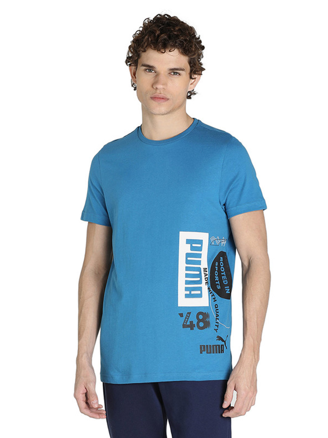Men Blue Logo Side Graphic Printed Half Sleeves Round Neck T-Shirt