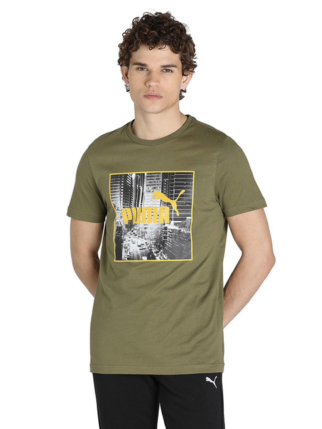 Men Olive Green Puma Street View Graphic Printed Half Sleeves Round Neck T-Shirt