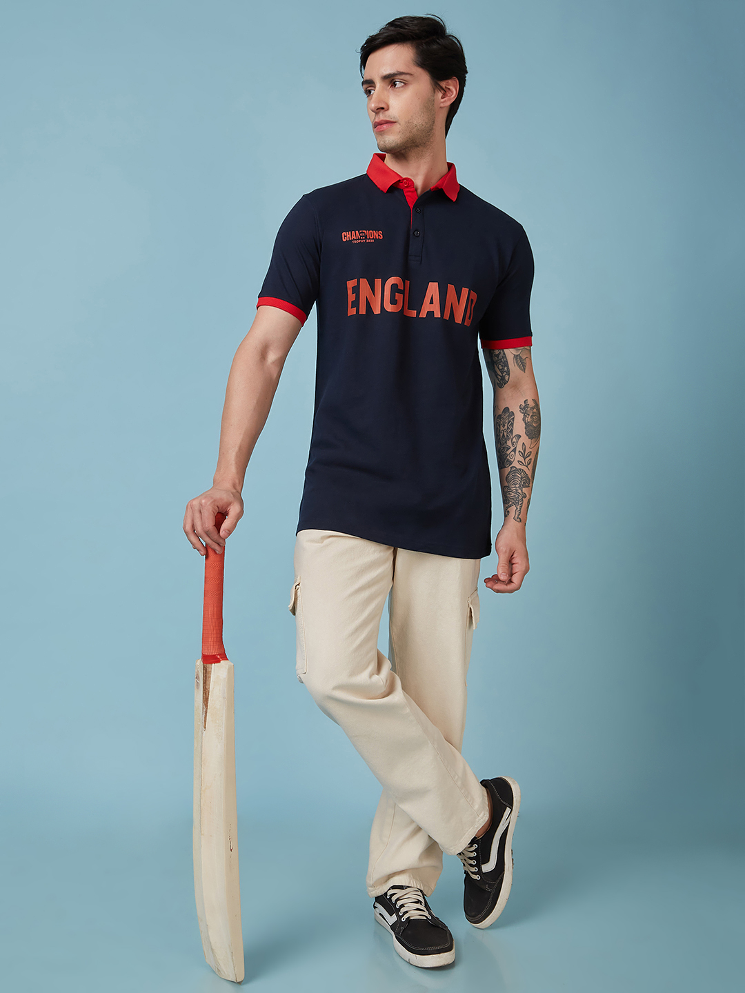 England ICC Champions Trophy 2025 Men Navy Blue and Red Printed Colorblocked Half Sleeves Polo Collar Cotton T-Shirt (6)