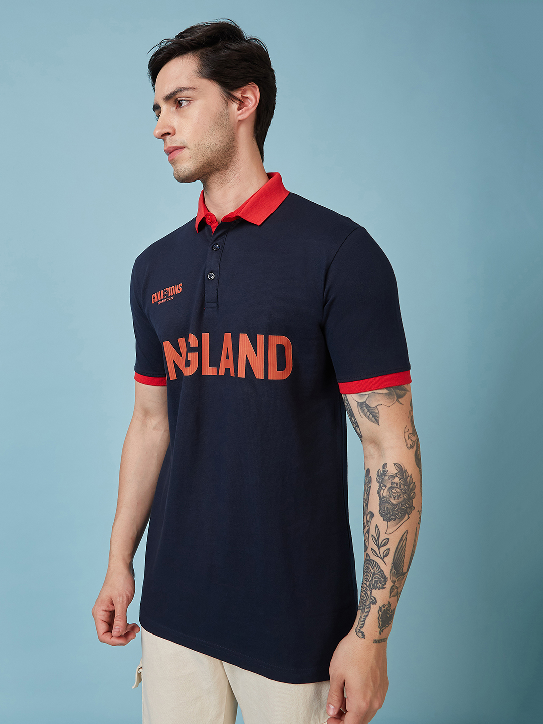 England ICC Champions Trophy 2025 Men Navy Blue and Red Printed Colorblocked Half Sleeves Polo Collar Cotton T-Shirt (2)