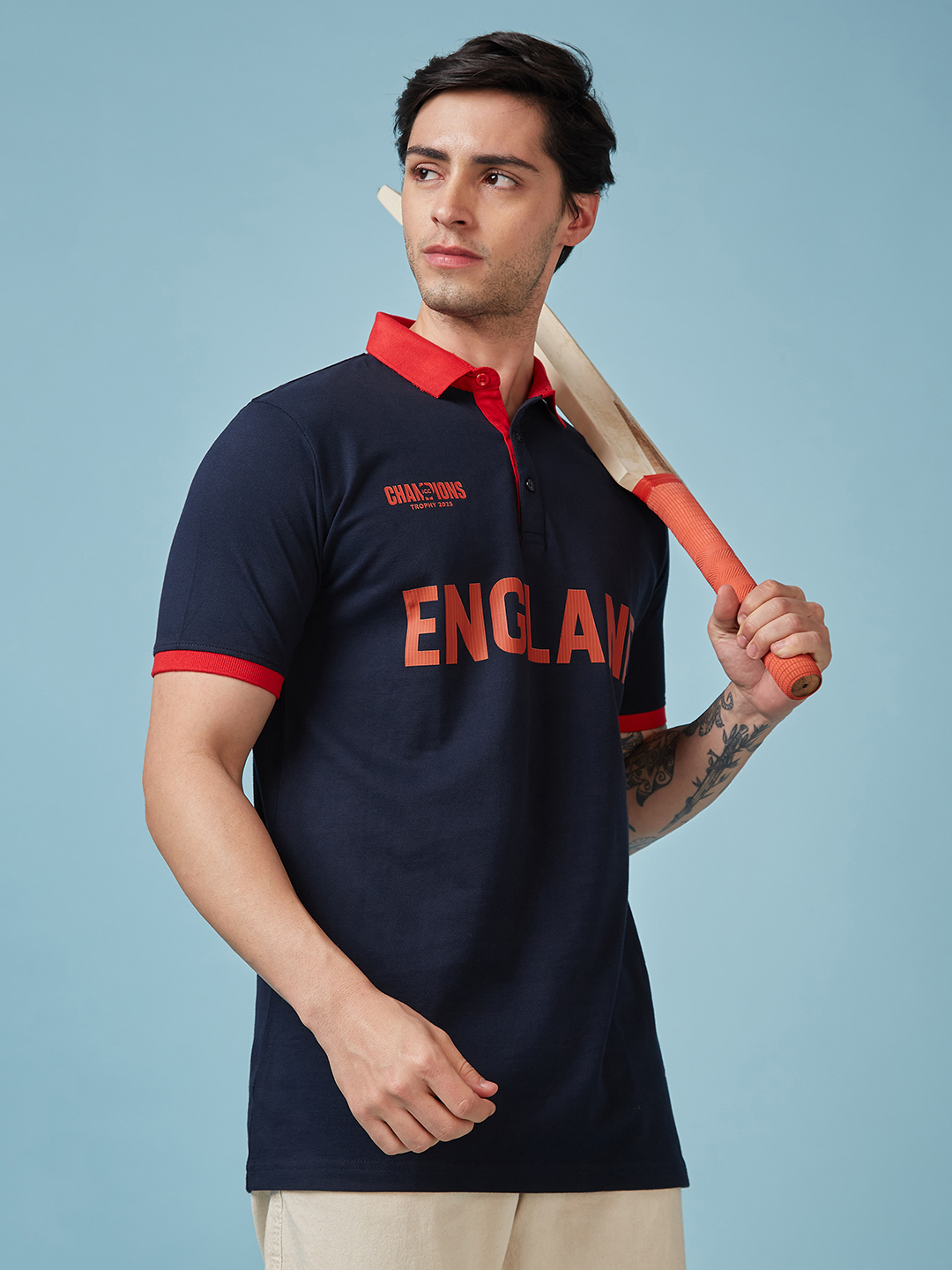 England ICC Champions Trophy 2025 Men Navy Blue and Red Printed Colorblocked Half Sleeves Polo Collar Cotton T-Shirt