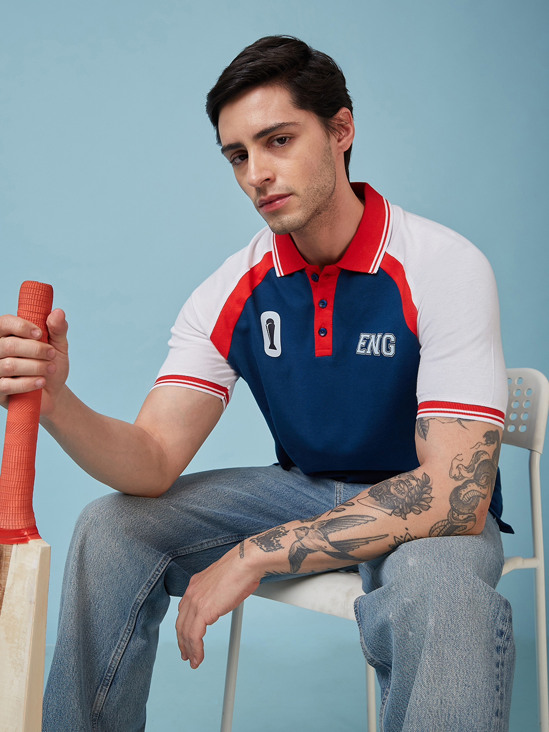 England ICC Champions Trophy 2025 Men Navy Blue and White Printed Colorblocked Half Sleeves Polo Collar Cotton T-Shirt (1)