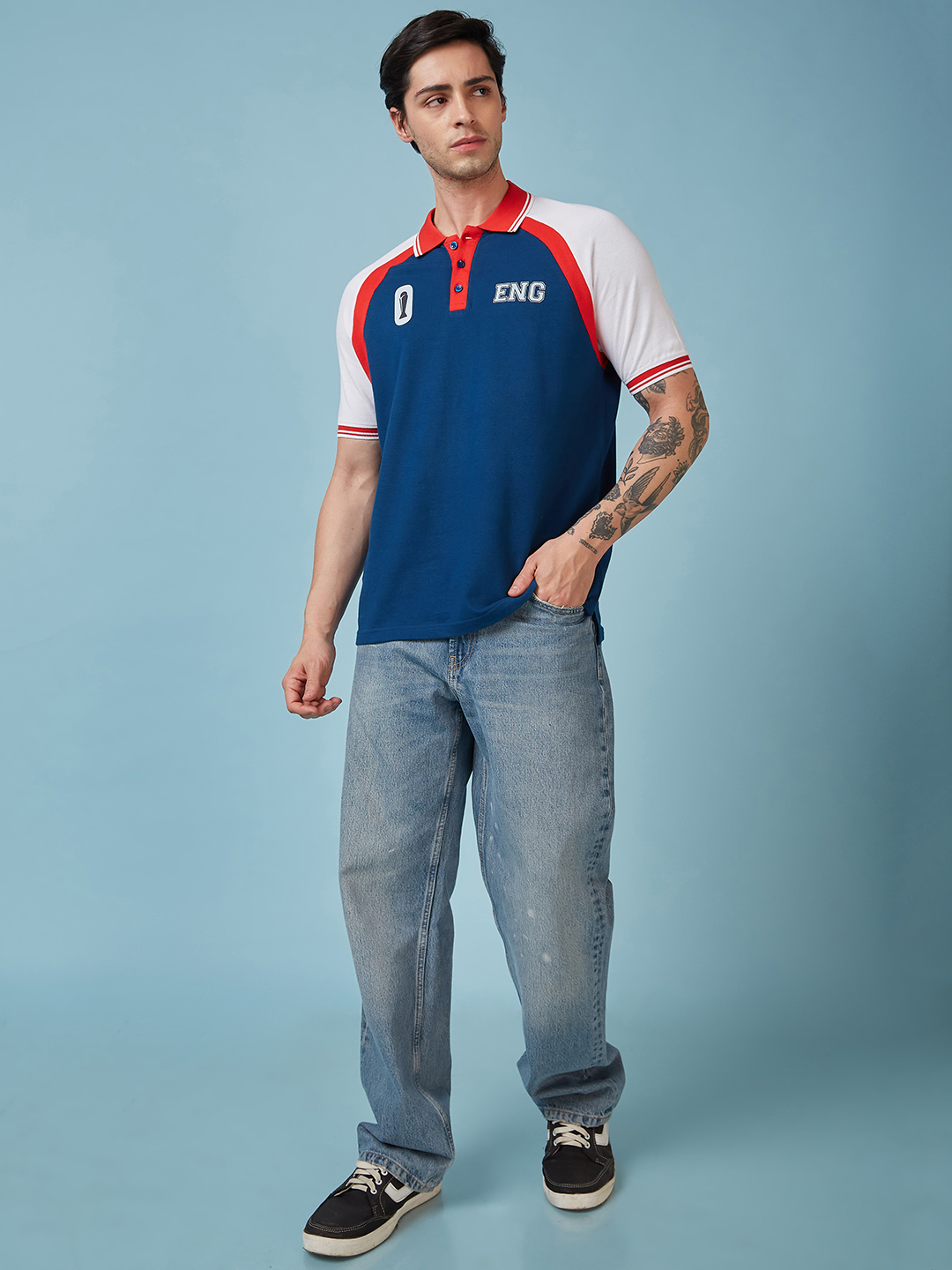 England ICC Champions Trophy 2025 Men Navy Blue and White Printed Colorblocked Half Sleeves Polo Collar Cotton T-Shirt (6)