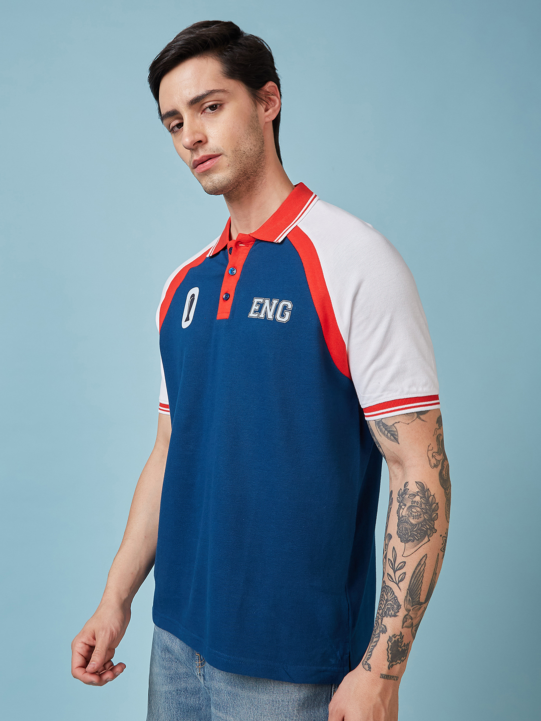 England ICC Champions Trophy 2025 Men Navy Blue and White Printed Colorblocked Half Sleeves Polo Collar Cotton T-Shirt (2)