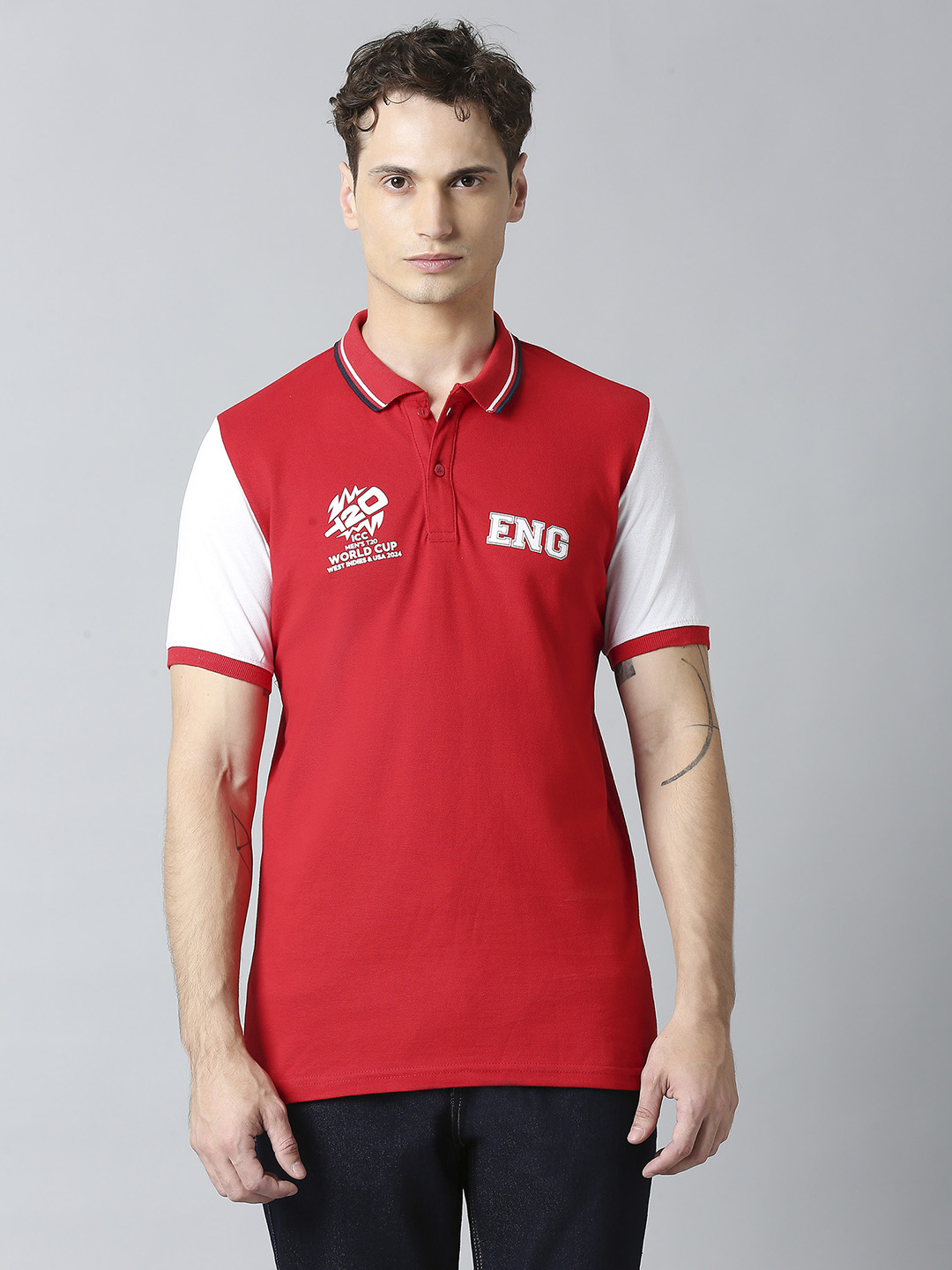 England ICC Men's T20 WC-24 Red Logo Printed Half Sleeves Polo Collar Cotton T-Shirt (1)
