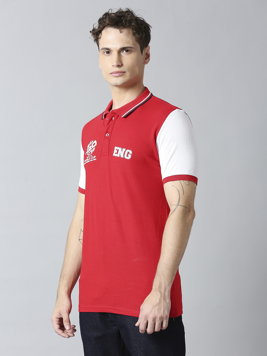 England ICC Men's T20 WC-24 Red Logo Printed Half Sleeves Polo Collar Cotton T-Shirt (2)