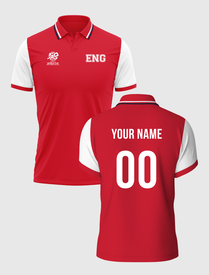 England ICC Men's T20 WC-24 Red Logo Printed Half Sleeves Polo Collar Cotton T-Shirt - Customised (2)
