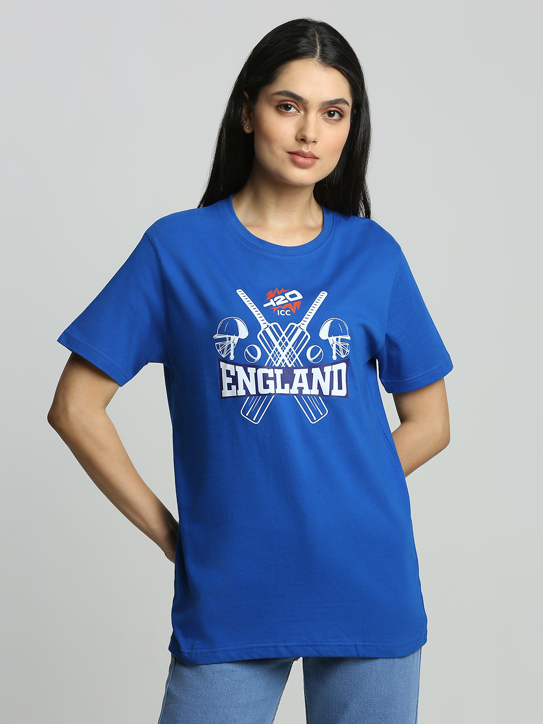 Unisex Navy Blue Printed Half Sleeves Round Neck Cotton T-shirt