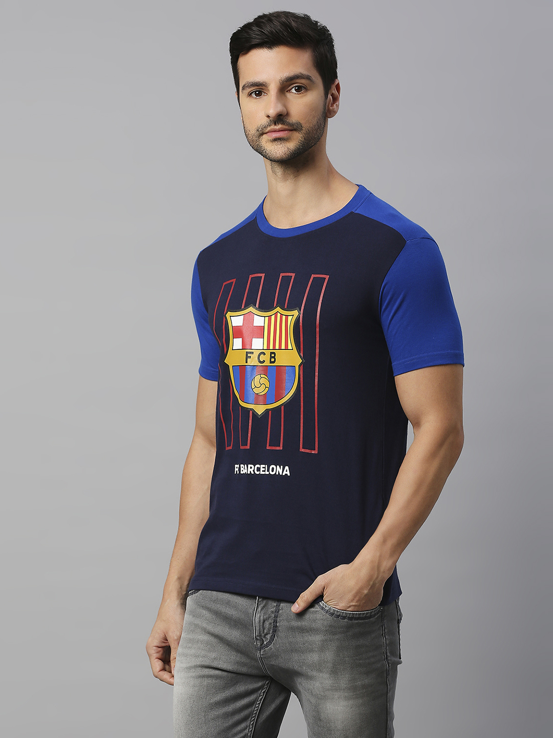 FCB-23 Core: Men Navy Blue & Royal Round Neck Solid T-Shirt