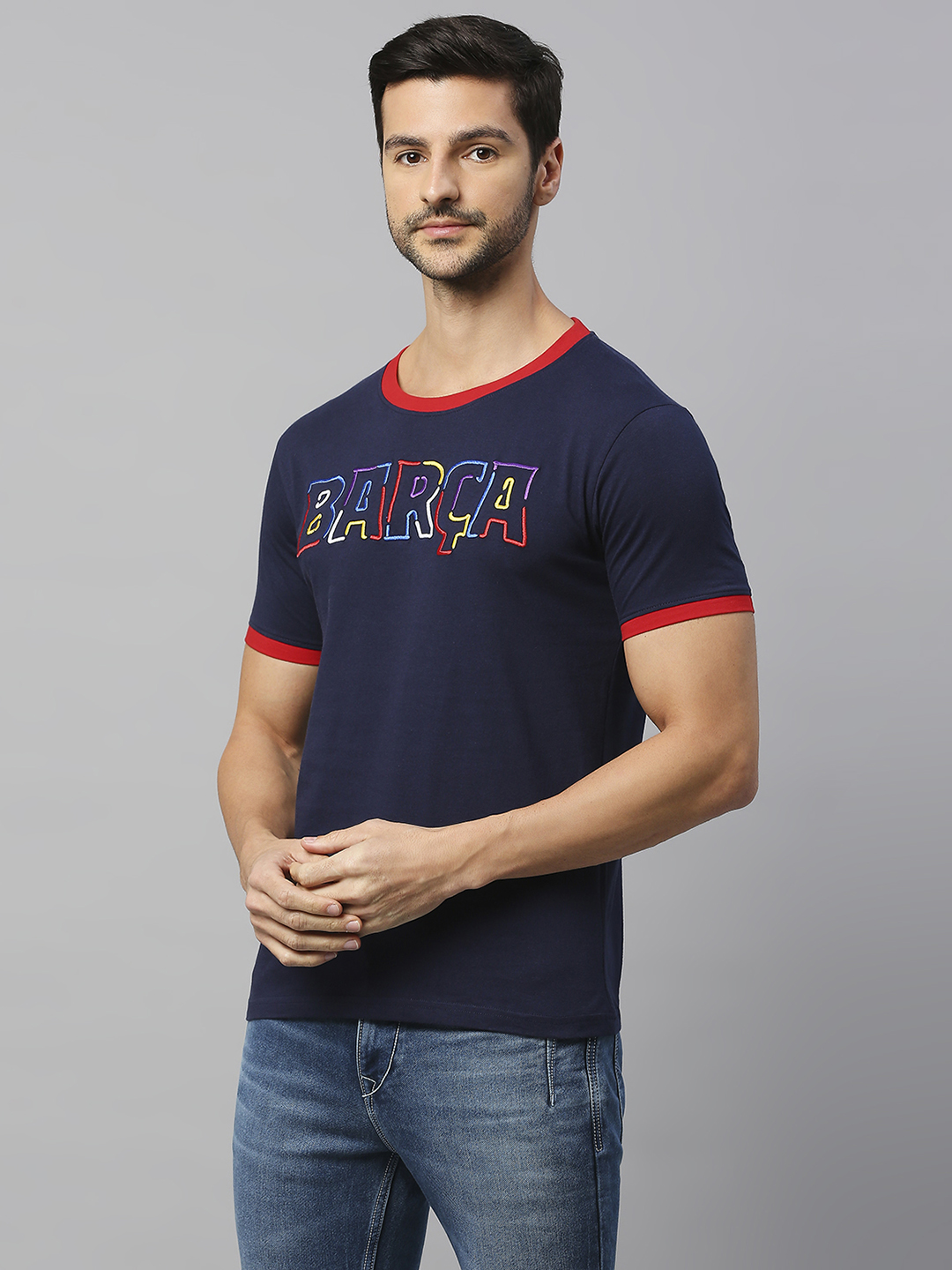 FCB-23 Kidult: Men Navy Blue Printed Round Neck Cotton T-Shirt