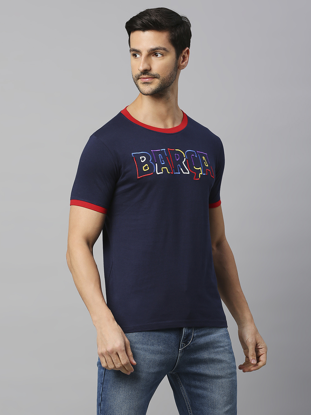 FC Barcelona FCB-23 Kidult: Men Navy Blue Printed Round Neck Cotton T-Shirt (4)