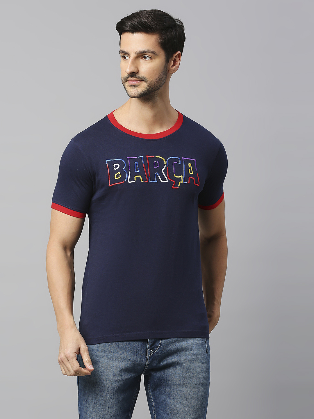 FC Barcelona FCB-23 Kidult: Men Navy Blue Printed Round Neck Cotton T-Shirt (1)