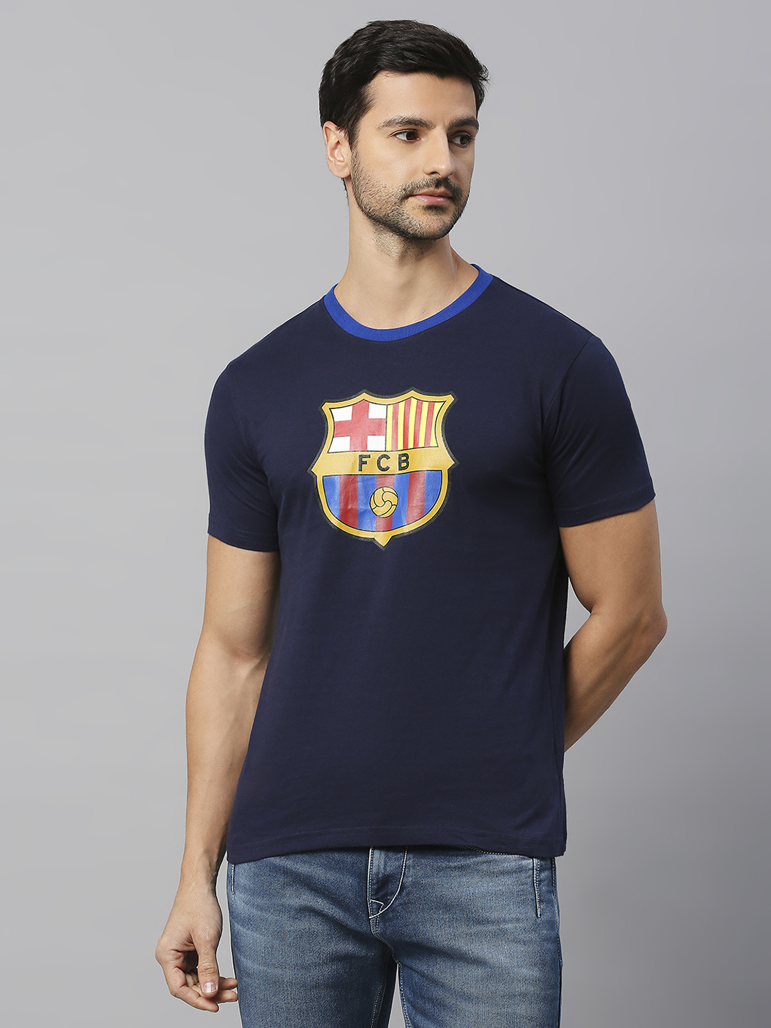 FCB Crest: Men Navy Blue Printed T-Shirt