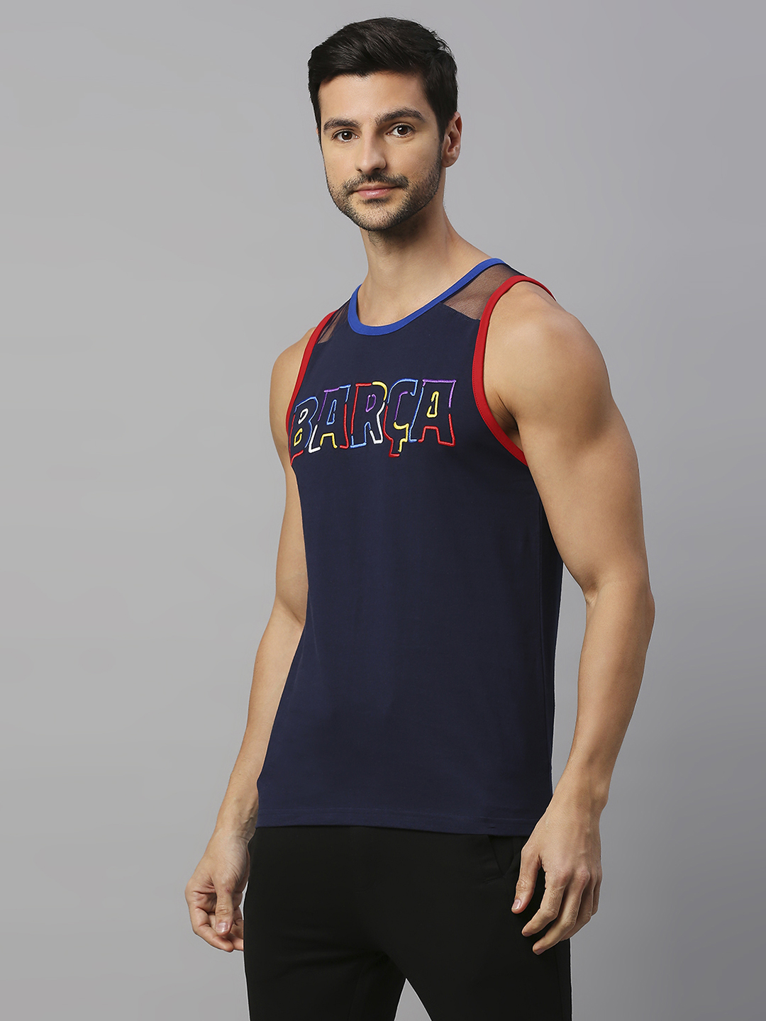 FC Barcelona FCB Kidult: Men Navy Blue Printed Sleeveless Cotton Vest (2)