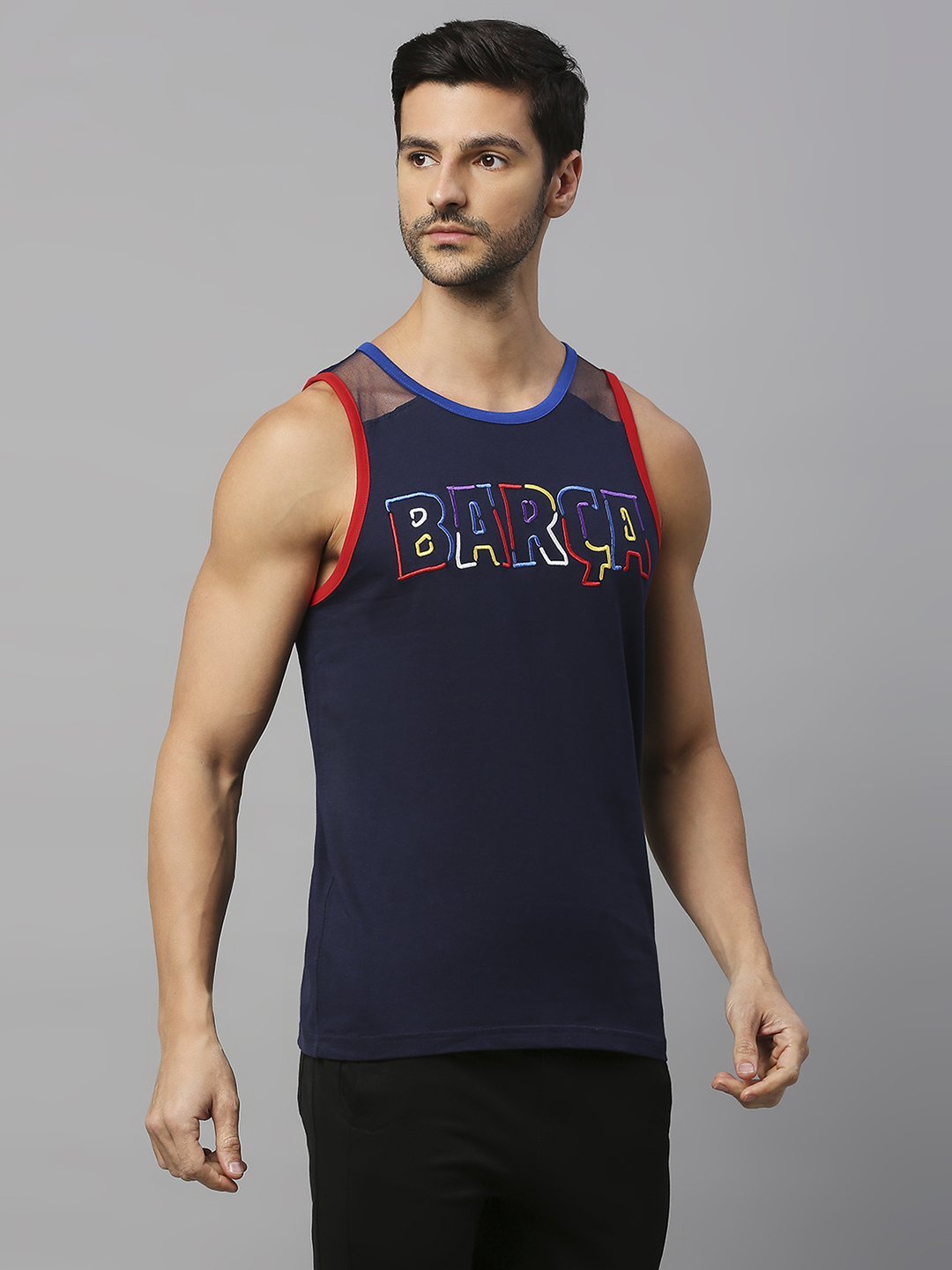 FC Barcelona FCB Kidult: Men Navy Blue Printed Sleeveless Cotton Vest (3)