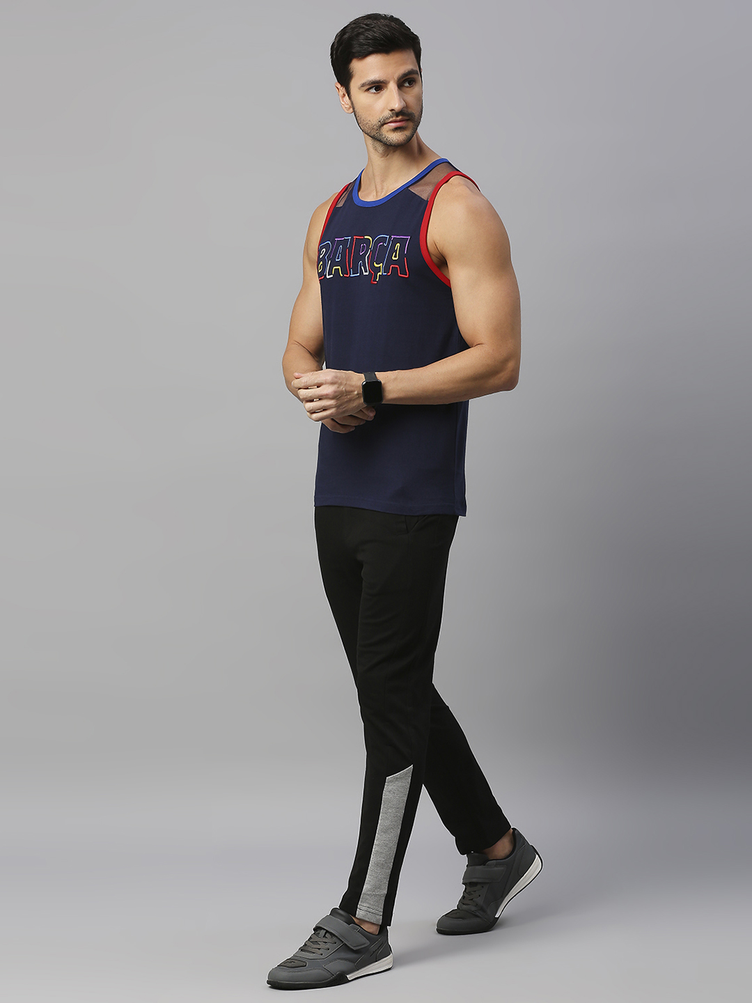 FC Barcelona FCB Kidult: Men Navy Blue Printed Sleeveless Cotton Vest (5)