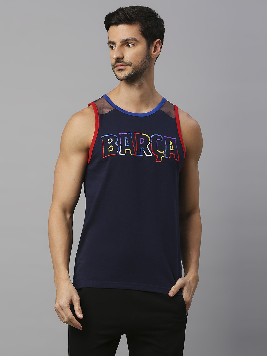 FC Barcelona FCB Kidult: Men Navy Blue Printed Sleeveless Cotton Vest (1)