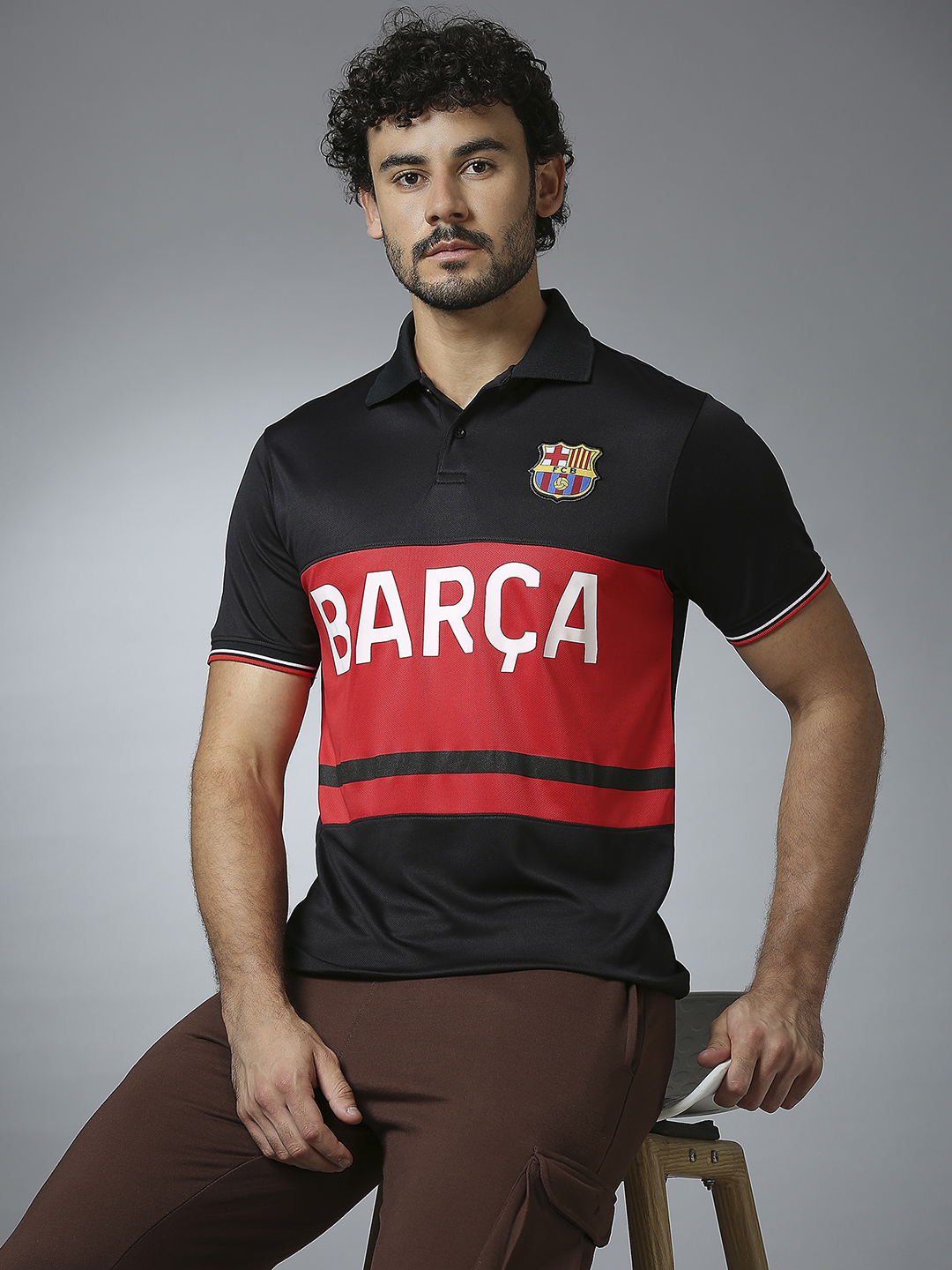 Men Black Half Sleeves Polo Collar Cut & Sew T-Shirt
