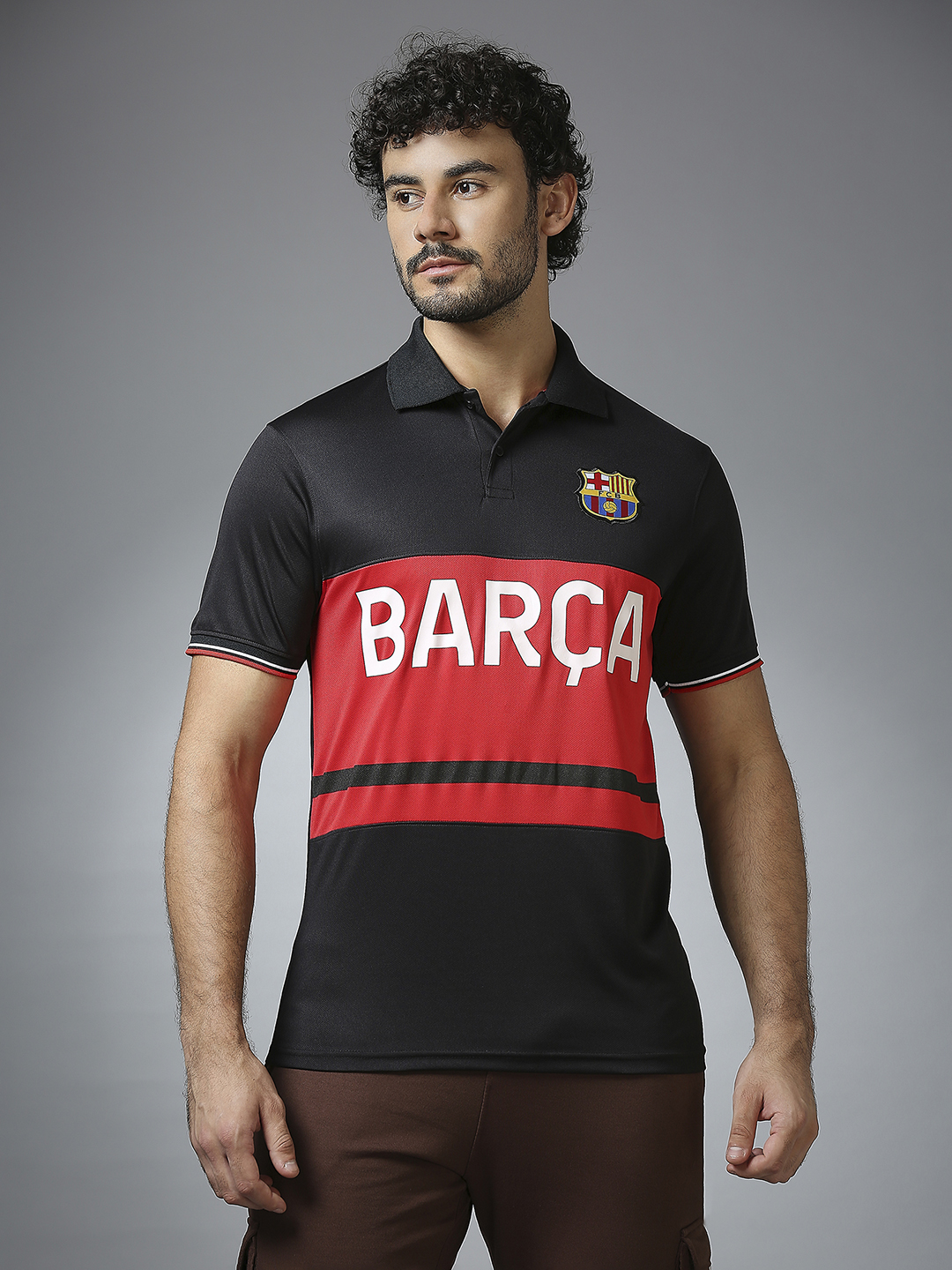 FC Barcelona Men Black Half Sleeves Polo Collar Cut & Sew T-Shirt (2)